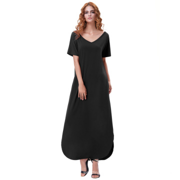 Kate Kasin Womens V-Neck à manches courtes noir Casual Loose Side Split Maxi Dress KK000673-1
